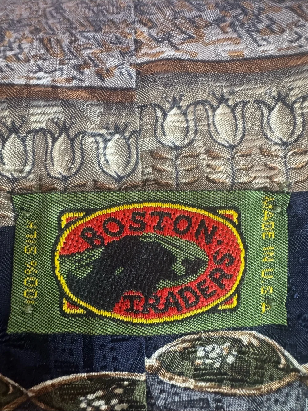 Boston Traders Navy and Brown Patterned Tie with Gold Accents